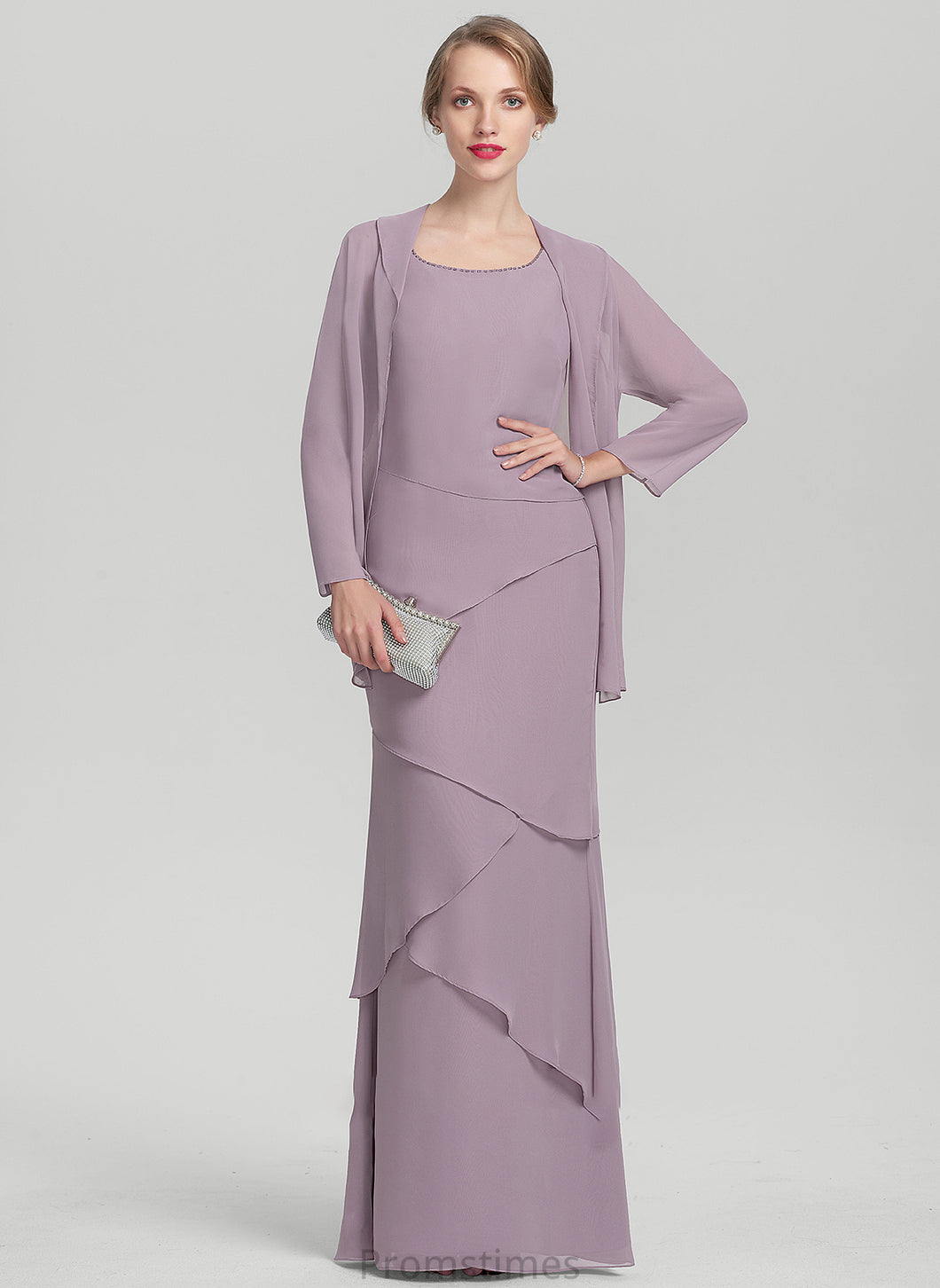 Scoop Ruffles Sheath/Column Amari Mother of the Bride Dresses Bride With Mother Dress Floor-Length Chiffon Cascading Beading of the Neck