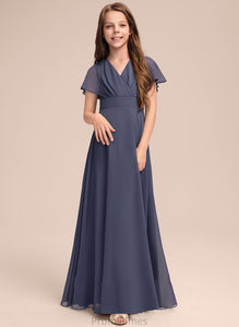 With Ruffle V-neck Junior Bridesmaid Dresses Areli Floor-Length Bow(s) Chiffon A-Line
