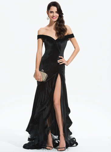 Velvet With Ruffles Clarissa Trumpet/Mermaid Train Prom Dresses Off-the-Shoulder Sweep Cascading