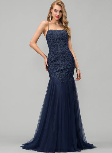 Trumpet/Mermaid Neckline Square Sweep Tulle Martina Train With Sequins Prom Dresses Lace