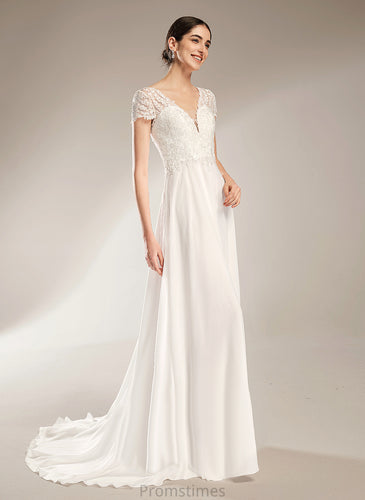 Wedding Dresses Chiffon Train Court A-Line Maribel Wedding Dress Lace Bow(s) V-neck With