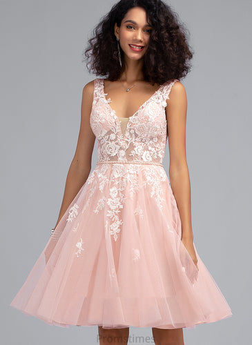 With Dress A-Line Beading Homecoming Sequins V-neck Rihanna Homecoming Dresses Lace Knee-Length Tulle