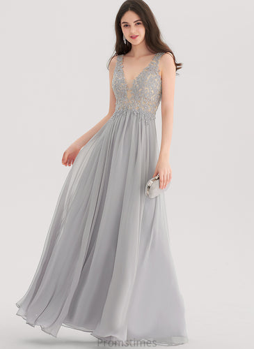 Rhinestone Floor-Length Chiffon Lace Dayanara A-Line With Prom Dresses V-neck
