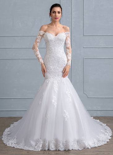 Wedding Dresses Tulle Train Beading Lace Off-the-Shoulder Trumpet/Mermaid Hilary Wedding Sequins With Court Dress