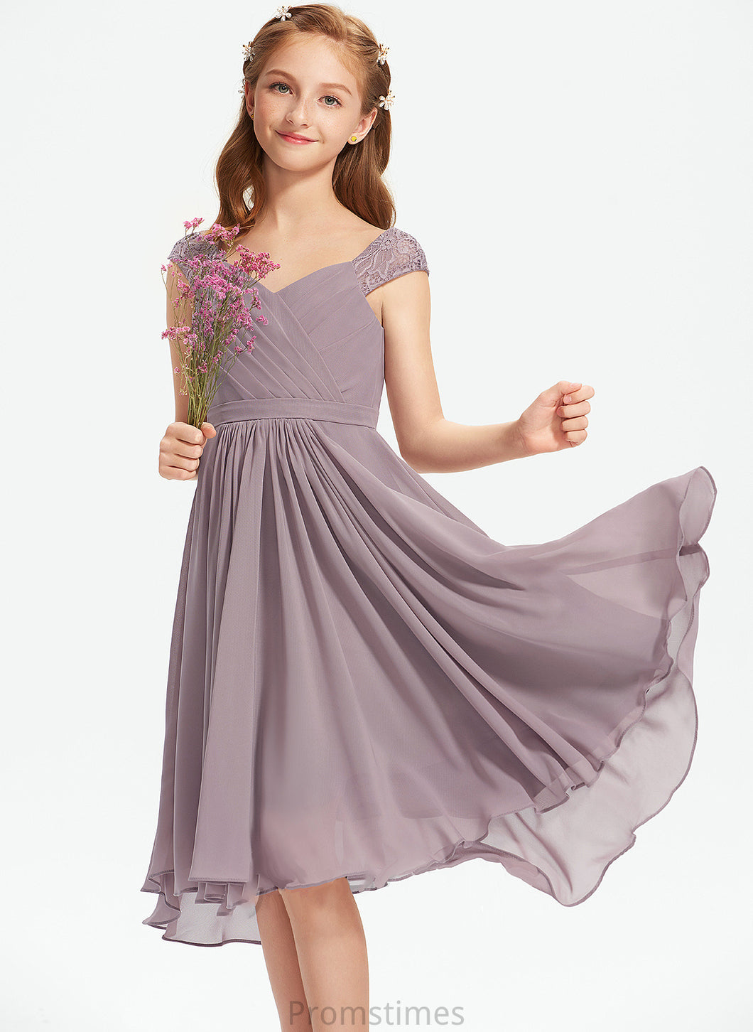 Chiffon V-neck A-Line With Ruffle Junior Bridesmaid Dresses Knee-Length Adrienne Lace
