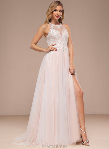 Sequins Train Tulle Sweep With Halter Dress Beading A-Line Wedding Lace Wedding Dresses Kaylah