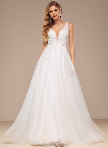Esther Lace Tulle Sequins V-neck Dress Sweep A-Line Train Wedding With Wedding Dresses