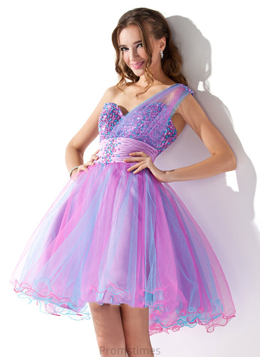 Homecoming Dresses Ruffle With A-Line Tulle Camryn Short/Mini Beading Dress Sequins Homecoming One-Shoulder