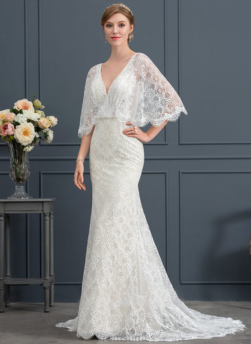Lace With Trumpet/Mermaid Beading Anya Sweep Dress Train V-neck Wedding Sequins Wedding Dresses