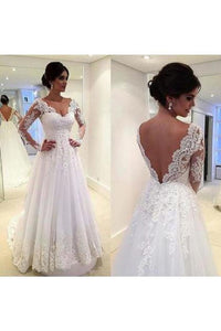 A Line V Neck Long Sleeves Cheap Tulle Wedding Dresses With Appliques