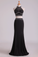 2022 Black Halter Two-Piece Beaded Bodice Mermaid Open Back Prom Dresses Spandex & Tulle Floor Length