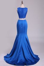 Load image into Gallery viewer, 2024 Two Pieces Mermaid Bateau Prom Dresses With Beading Satin &amp; Lace