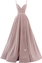 Load image into Gallery viewer, Chic Spaghetti Straps Sequins Lace Up Back A-Ling Simple Prom Dresses Floor Length