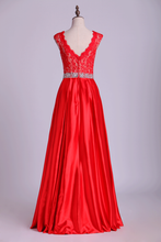 Load image into Gallery viewer, 2024 V-Neck Lace Bodice Prom Dresses Satin Beaded Waistline