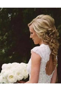 A-Line V-Neck Cap Sleeves Open Back Lace Beach Wedding Dresses