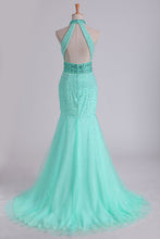 Load image into Gallery viewer, 2022 High Neck Mermaid Prom Dresses Beaded Bodice Open Back Tulle