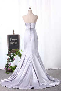 2024 Sexy Mermaid Elastic Satin Silver Prom Dresses Sweetheart Zipper Up With Beading