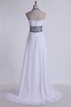Load image into Gallery viewer, 2024 Halter Prom Dresses A-Line Pick Up Long Chiffon Skirt Ruffled With Crystal Beading
