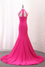 Load image into Gallery viewer, 2022 Satin Mermaid High Neck Prom Dresses With Applique Sweep Train