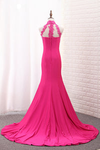 2022 Satin Mermaid High Neck Prom Dresses With Applique Sweep Train