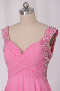 2022 Sexy Open Back Straps A Line With Beads And Ruffles Chiffon Prom Dresses