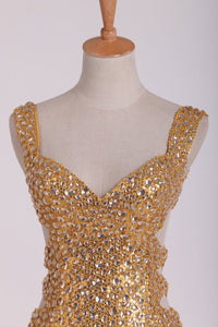2024 Straps Open Back Prom Dresses With Beading And Slit Sequins