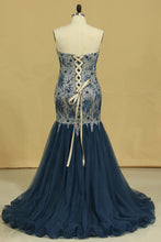 Load image into Gallery viewer, 2022 Strapless Mermaid Prom Dresses Tulle &amp; Lace With Rhinestones And Beads Plus Size