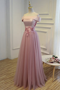 2024 Boat Neck Tulle With Applique Prom Dresses A Line Floor Length