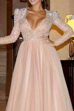 Load image into Gallery viewer, Elegant A Line Long Sleeve Deep V Neck Beads Tulle Long Prom Dresses