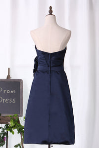 2022 A Line Bridesmaid Dresses Strapless Knee Length Satin With Ruffles
