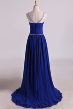 Load image into Gallery viewer, 2022 Scoop Prom Dresses A Line Pleated Bodice Chiffon With Beads Dark Royal Blue