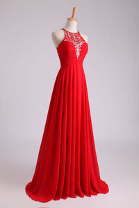 2022 Scoop A-Line/Princess Prom Dresses With Beads And Ruffles Chiffon
