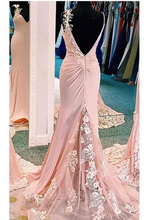 Load image into Gallery viewer, Mermaid V Neck Spaghetti Straps Long Prom Dresses, Appliques Party Dress Chiffon And Tulle