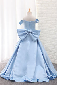 2022 Satin A Line Off The Shoulder Asymmetrical Flower Girl Dresses With Bow Knot