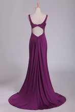 Load image into Gallery viewer, 2024 Grape Prom Dresses Straps Open Back Spandex With Ruffles Sweep Train