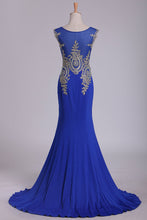 Load image into Gallery viewer, 2024 Dark Royal Blue Prom Dresses Scoop Mermaid Spandex With Applique Sweep/Brush Train