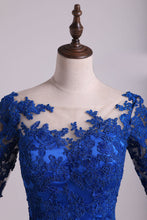 Load image into Gallery viewer, 2024 Hot Bateau Dark Royal Blue Mother Of The Bride Dresses 3/4 Length Sleeve With Applique Satin