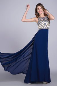 2022 Prom Dresses Scoop A Line Full Length Beaded Tulle Bodice With Chiffon Skirt Ready To Ship