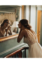 Load image into Gallery viewer, Elegant A Line Tulle Ivory V Neck Wedding Dresses With Pearls, V Back Beach Bridal Dresses