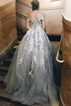 Load image into Gallery viewer, Tulle Off The Shoulder A Line Wedding Dresses With Appliques Sweep Train
