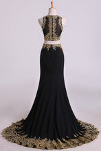 Load image into Gallery viewer, 2022 Hot Mermaid Two-Piece Prom Dresses Scoop Sweep/Brush Spandex With Gold Applique