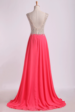 Load image into Gallery viewer, 2024 V Neck Beaded Bodice Prom Dresses A Line Sweep Train Chiffon&amp;Tulle