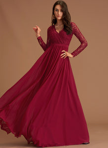 Chiffon A-Line Floor-Length V-neck Prom Dresses Lace Tatiana