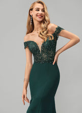 Load image into Gallery viewer, Train Sweep Crepe Sloane Beading With Lace Off-the-Shoulder Trumpet/Mermaid Prom Dresses Sequins Stretch
