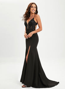 Train Emely With Sequins Prom Dresses Crepe Trumpet/Mermaid Stretch V-neck Sweep Lace