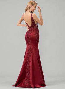 Train Prom Dresses Satin Trumpet/Mermaid Beading Sweep V-neck Annabella Sequins With