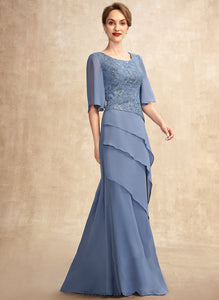 Mother the Neck Mother of the Bride Dresses Floor-Length Sequins Chiffon of Cascading Bride With Roberta Ruffles A-Line Dress Scoop Lace