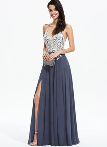 A-Line Sequins With Chiffon Beading V-neck Prom Dresses Floor-Length Emery