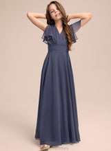 Load image into Gallery viewer, With Ruffle V-neck Junior Bridesmaid Dresses Areli Floor-Length Bow(s) Chiffon A-Line