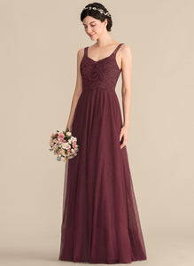 A-Line Floor-Length Length Silhouette Straps Tulle Neckline Fabric V-neck Lace Deja A-Line/Princess Bridesmaid Dresses